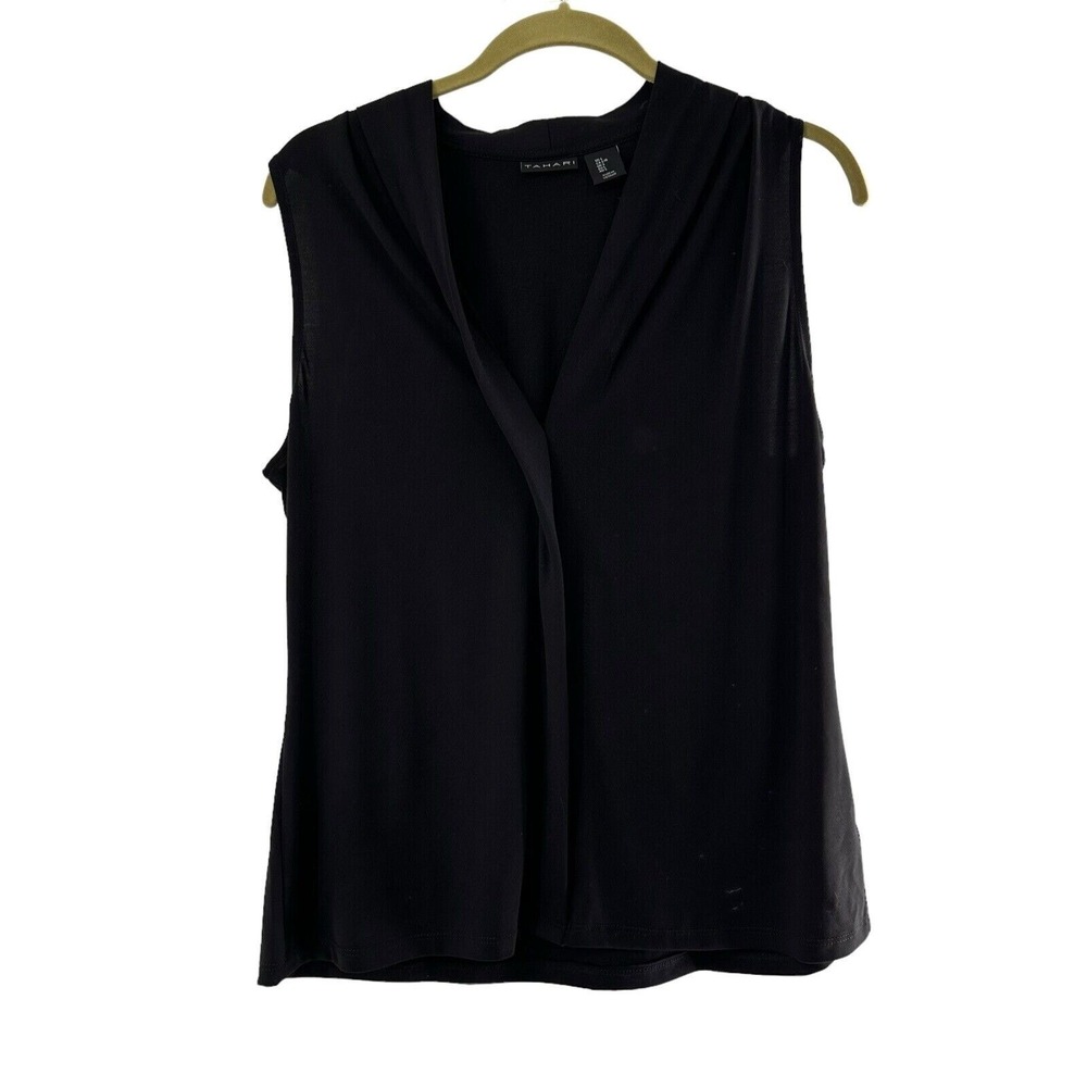 Tahari Sleeveless Black Drape Front Top‎ Blouse Academia Capsule Witchy Large
